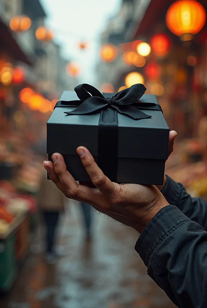 Generate an image of a male hand holding a box with one hand, with a large black gift,  in the middle of a market , 

