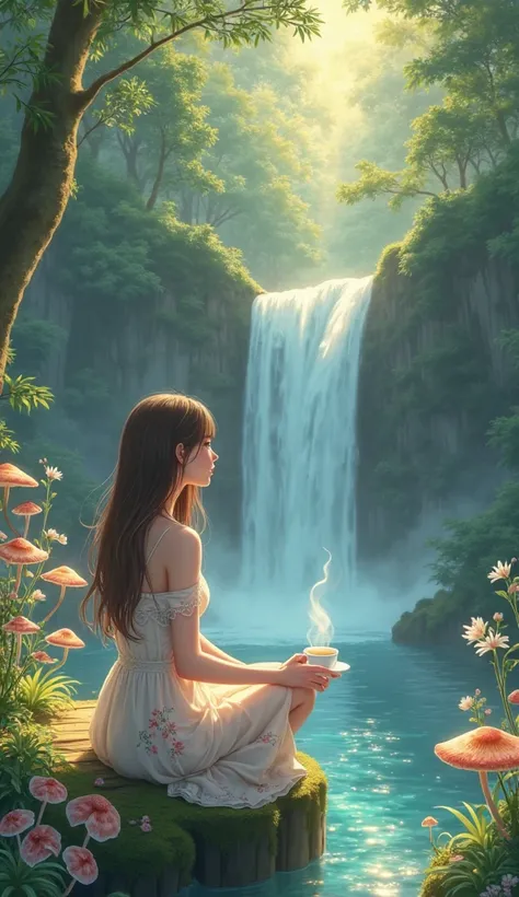 A beautifully detailed anime-style artwork of a young woman seated on a moss-covered wooden platform near a hidden waterfall deep within an enchanted forest. The cascading water glows under the golden sunlight filtering through the dense canopy, creating a...