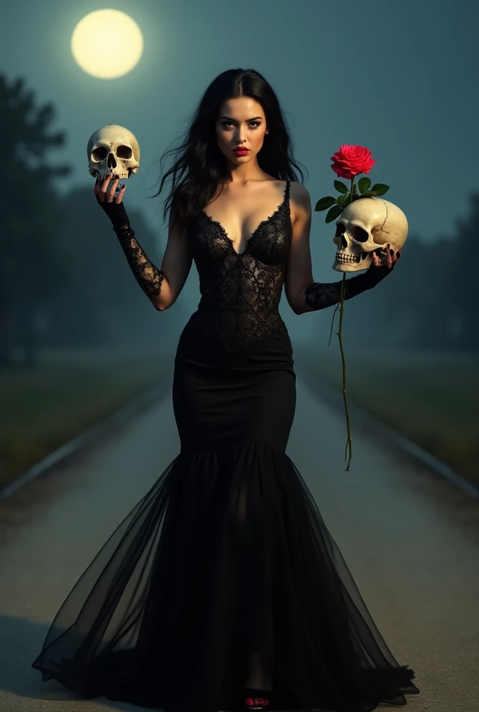 " A powerful and enigmatic woman , representing the Pink Skull Pigeon, is in the middle of a deserted road at night. She wears a long tight and elegant black dress,  with lace details , fluttering slightly with the wind.  Her eyes are intense and mysteriou...