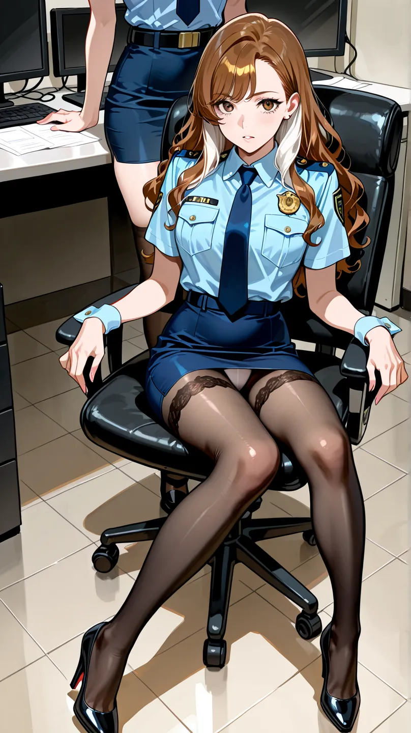 A female police officer， Beautiful Girls， pretty Woman， Light Blue Shirt， Dark Blue Dress ， Tight skirt ， black stockings，Lace stockings， black pantyhose ，Sitting in the office， with long white hair sits on a chair，office scene，Front angle， black high heel...