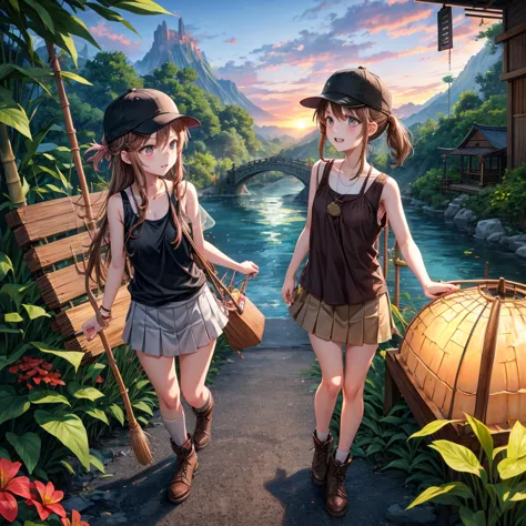 pink brown brown gold hair、 eye、  Has hair tied  、Two cute people、 Check Mini Skirt、  black t-shirt、 Light clothing、 Layering、tank top、 camisole、high socks、 Boots、 teeth inside、  The Road Is Crooked 、Mountain々、Stick together  、 bamboo forest、 chest pocket ...