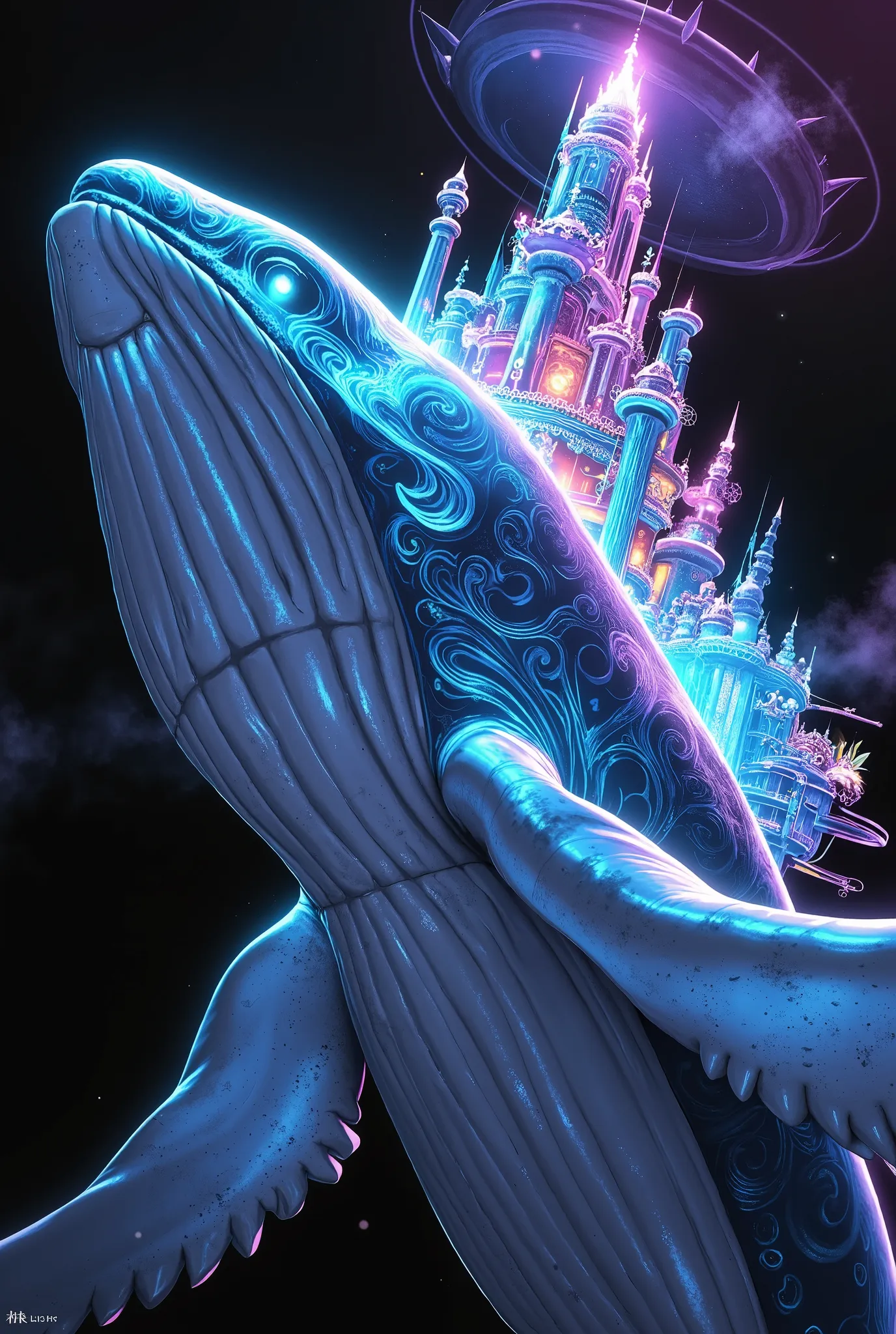 A giant floating whale、An aerial city built on the back of a whale、fantasy art The giant body of a whale、a beautiful aerial city built on a body、Cyber City,  Fantasy Elements 、HDR,4K, ultra-fine in 8K,realistic,professional,vivid colors, bokeh effects 