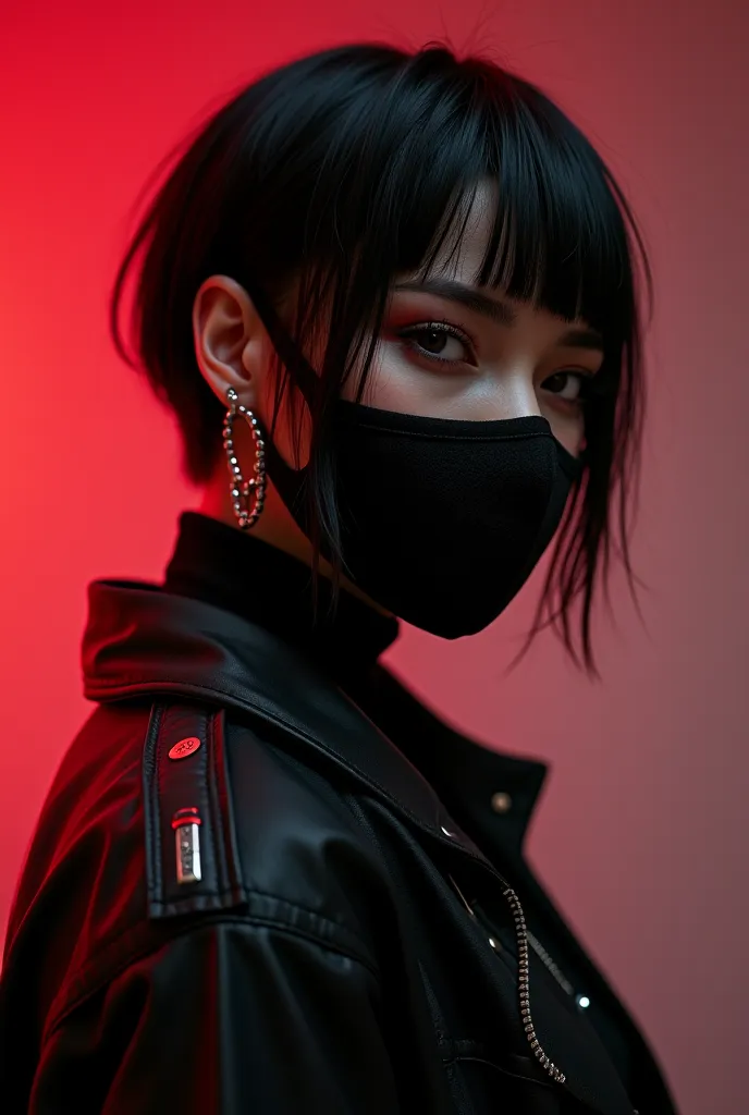 Play a 23-year-old female French character with fair skin and short black hair. Your eyes are black and red. Wear punk clothes and your mask cover your mouth and nose. with aspects of Cyberpunk, Punk and industrial.  with the color black and red . 