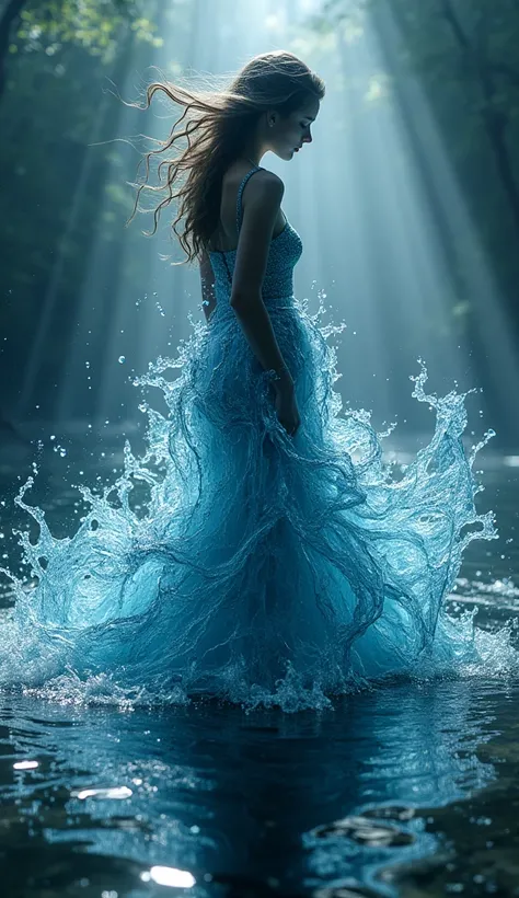 hyperrealistic epic picture of water formed in a female shilouette   engulfed in mystic magic water twisters formed like a dress out of mystic magic water,  background mytsic magic atmossphere with luminisence effects