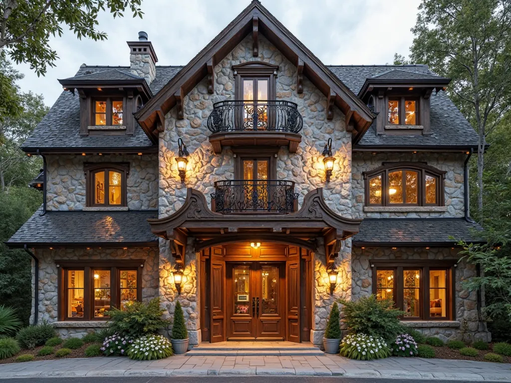 Facade of a hotel, Rustic elegant with very good lighting, are, light colors, Illuminated Quartz