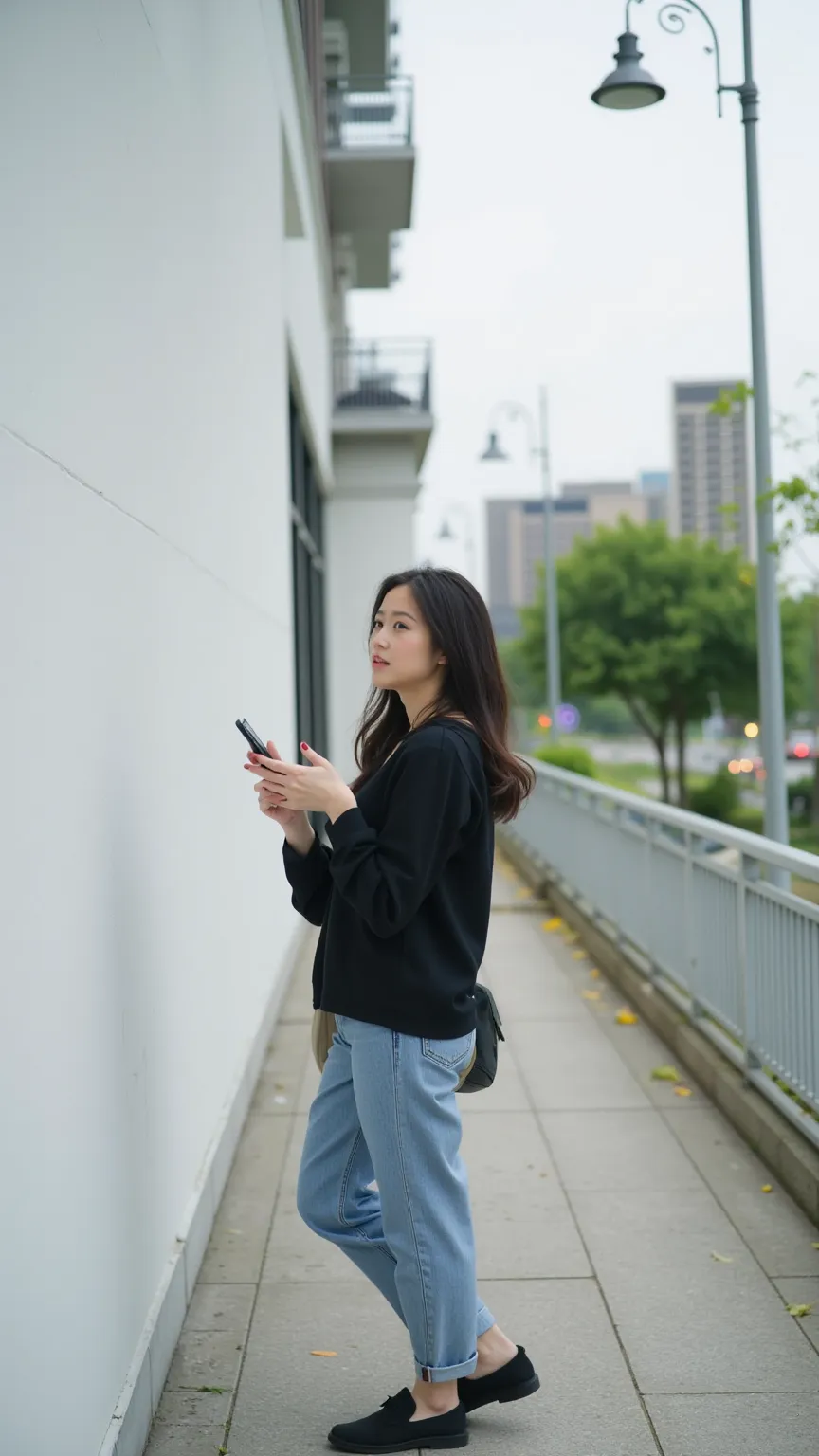 「a woman walking while looking at her smartphone、the scene where it hits the wall in front。the woman has a surprised expression、the situation at the moment she hits her head lightly against the wall。 she's wearing casual clothes 、 smartphone in one hand 、t...