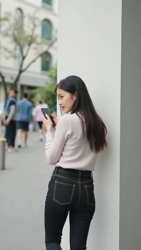 「a woman walking while looking at her smartphone、the scene where it hits the wall in front。the woman has a surprised expression、the situation at the moment she hits her head lightly against the wall。 she's wearing casual clothes 、 smartphone in one hand 、t...