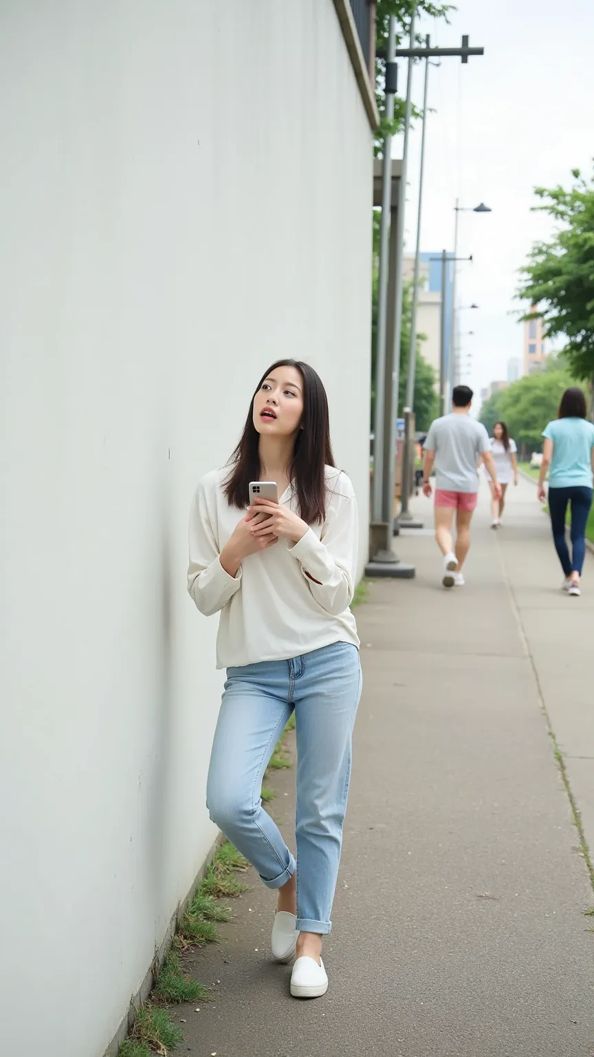 「a woman walking while looking at her smartphone、the scene where it hits the wall in front。the woman has a surprised expression、the situation at the moment she hits her head lightly against the wall。 she's wearing casual clothes 、 smartphone in one hand 、t...