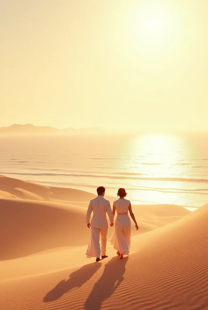 Create couples who walk on the desert, the sea is very beautiful, like Asian people, so that they can walk as far as possible.