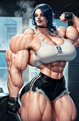 ((Close-up)), tall, (royal blue hair) beautiful muscular woman, long curly wavy hair, white skinned, (smirking), ((black lipstick)), (massive muscles), (hyper muscle), (((ginormous bulky muscles))), white eyes, (((sports bra))), (((short gym shorts))), cho...