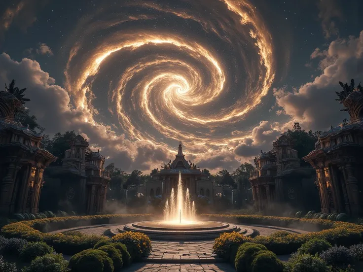 Outside the mansion , THE MILKY WAY IN THE SKY IS BEAUTIFUL,  Fantasy, Garden fountain , The cloud layer is a central circle., golden swirling light line in the sky, Beautiful central star cluster, Golden aurora in all directions, Golden storm palace in th...