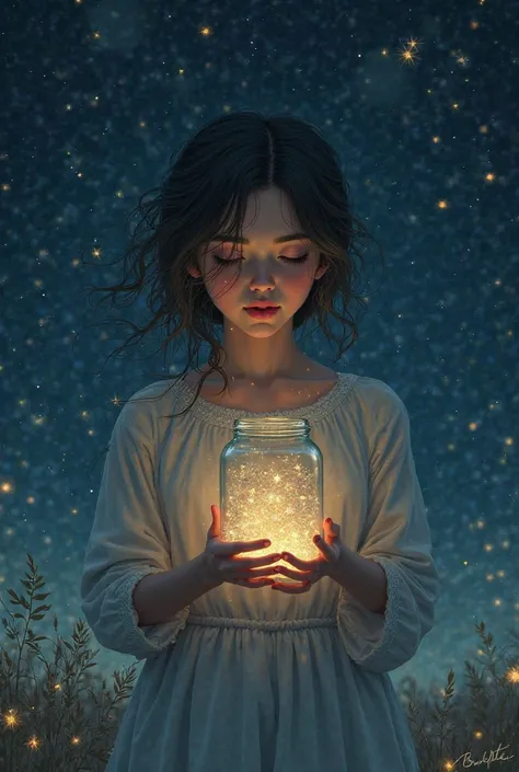 1 woman collecting stars in a jar