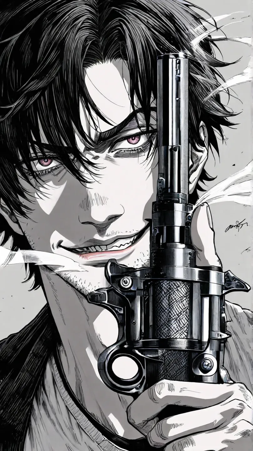 Manga-style illustration in black and white colors A man with short black hair, light stubble, and an evil smirk is holding a highly detailed revolver directly at the viewer. His intense gaze is shadowed, and a cigarette is in his mouth with smoke rising. ...