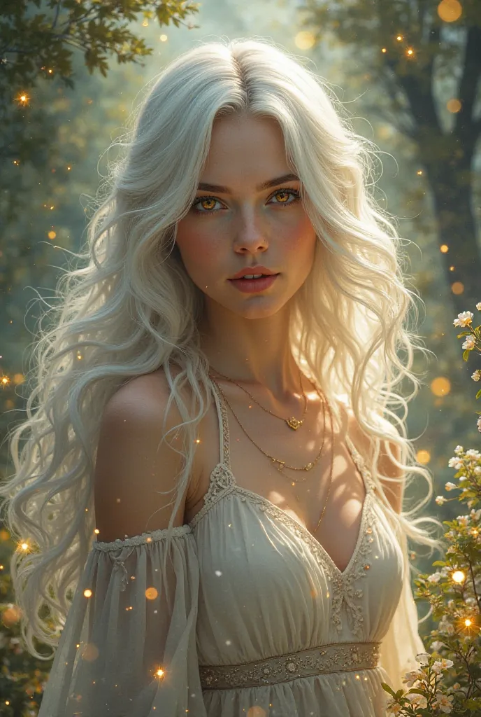 Create a cover for a book I'm writing. The book is fantasy and romance, the protagonist is a beautiful woman with white hair and golden eyes 