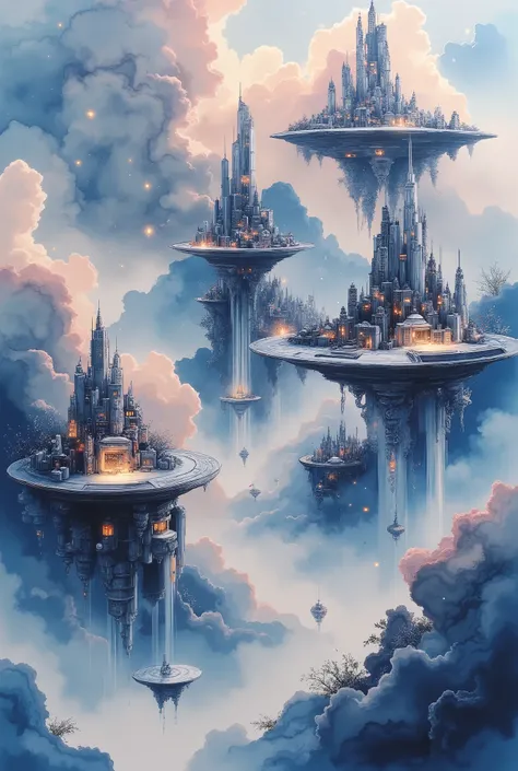 Paintings depicting floating cities、Illustrations depicting floating cities, high quality,4K, realistic,stares at, super precise,professional,studio lighting,Ultra Fine Painting,Clear Focus,physical based rendering,Extreme Details ,vivid color,Bokeh, Float...