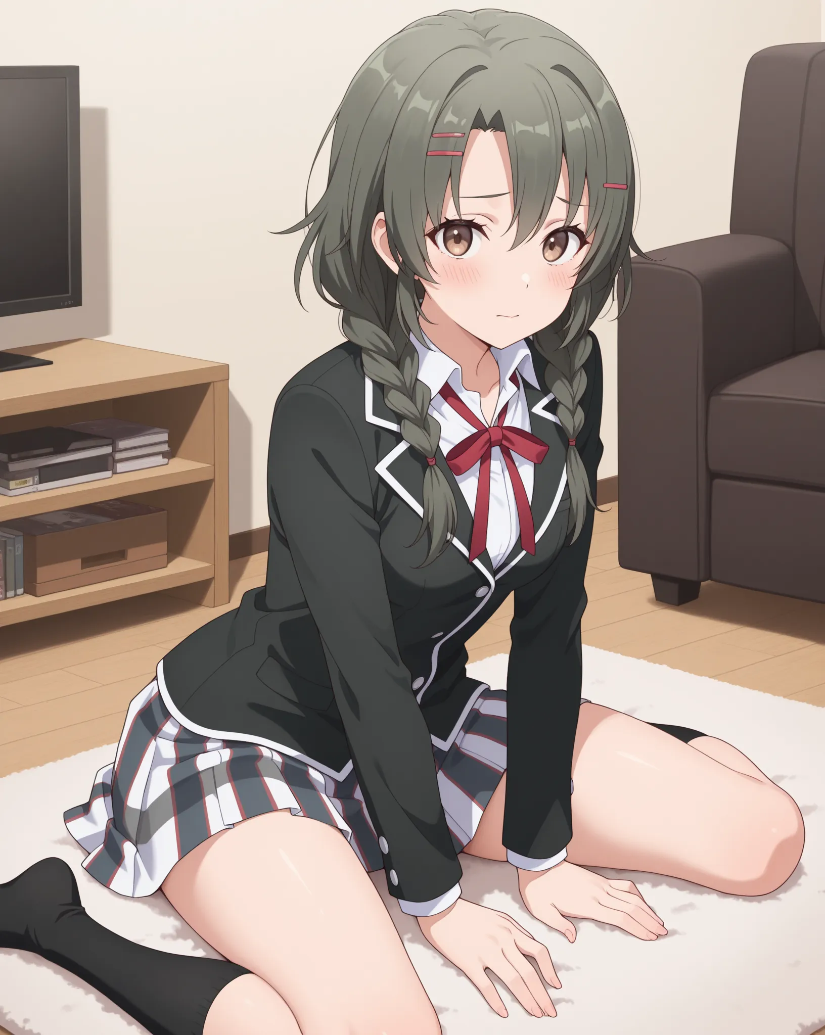 masterpiece, best quality, newest, small breasts, blush, meguri shiromeguri,twin braids,hairclip,long hair,black,hair,brown eyes,medium breasts, sobu high school uniform,jacket,shirt,skirt,neck ribbon,black kneehighs, sitting, wariza, 1girl, solo, close to...