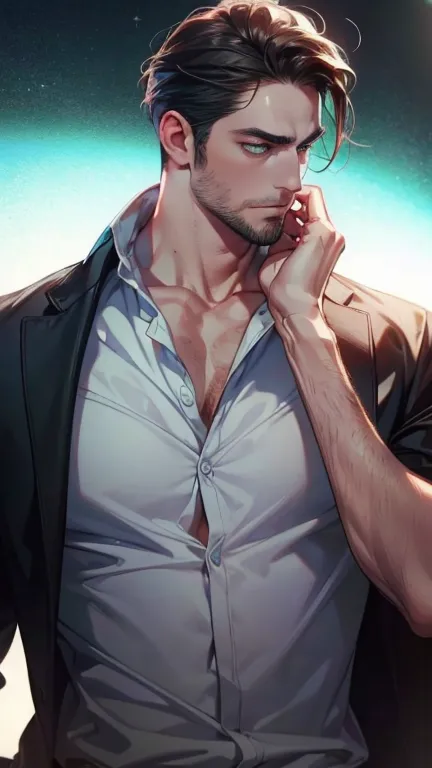 (  best quality,4K,8k,   highres,  masterpiece :1.2),  white dress shirt ,(Realistic,photoRealistic,photo-Realistic:1.37),36-year-old man,3 day beard,Beautiful anime,Portraits,strong,masculine,       with dark hair  ,sharp jaw,        mesmerizing green eye...