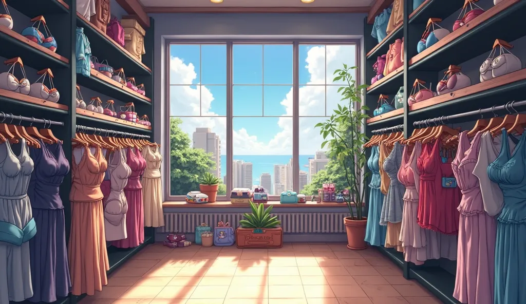 big clothing store with lots of shelves of clothes, window, black shelves, bikinis, girls clothing, anime style image, 2d