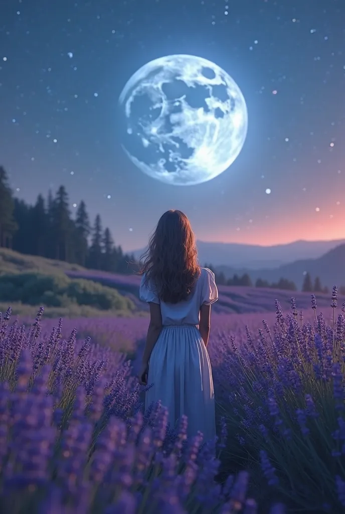 a beautiful girl standing in a meadow full of lavender, looking at a full blue moon in the sky pic from behind, 8k, ultra-detailed, realistic, photorealistic, HDR, studio lighting, sharp focus, physically-based rendering, professional, vibrant colors, cine...