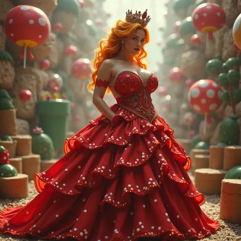 Create me a realistic human as a sexy woman dressed in a magnificent red dress with big boobs with white polka dots with orange and yellow hair and crown , with mario bros world in the back