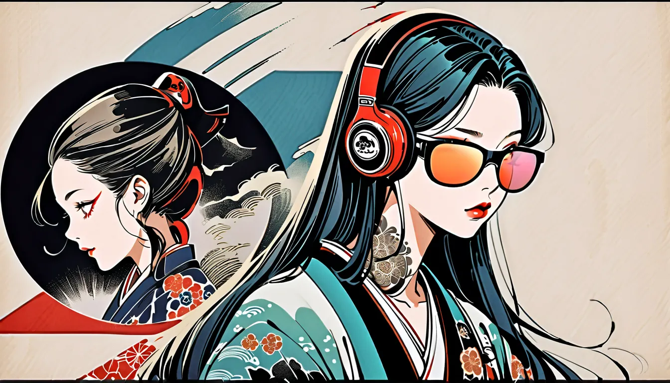 ((( ink painting))), ((( horror))), (((1 girl))), ((( light colored sunglasses))), ((( flashy makeup))), (((Japanese style headphones))), (((Japanese patterned haori))), (((TATOO))), Japan人の美少女,  black hair, Delicate and precise, modern ukiyo-e style,Japan...