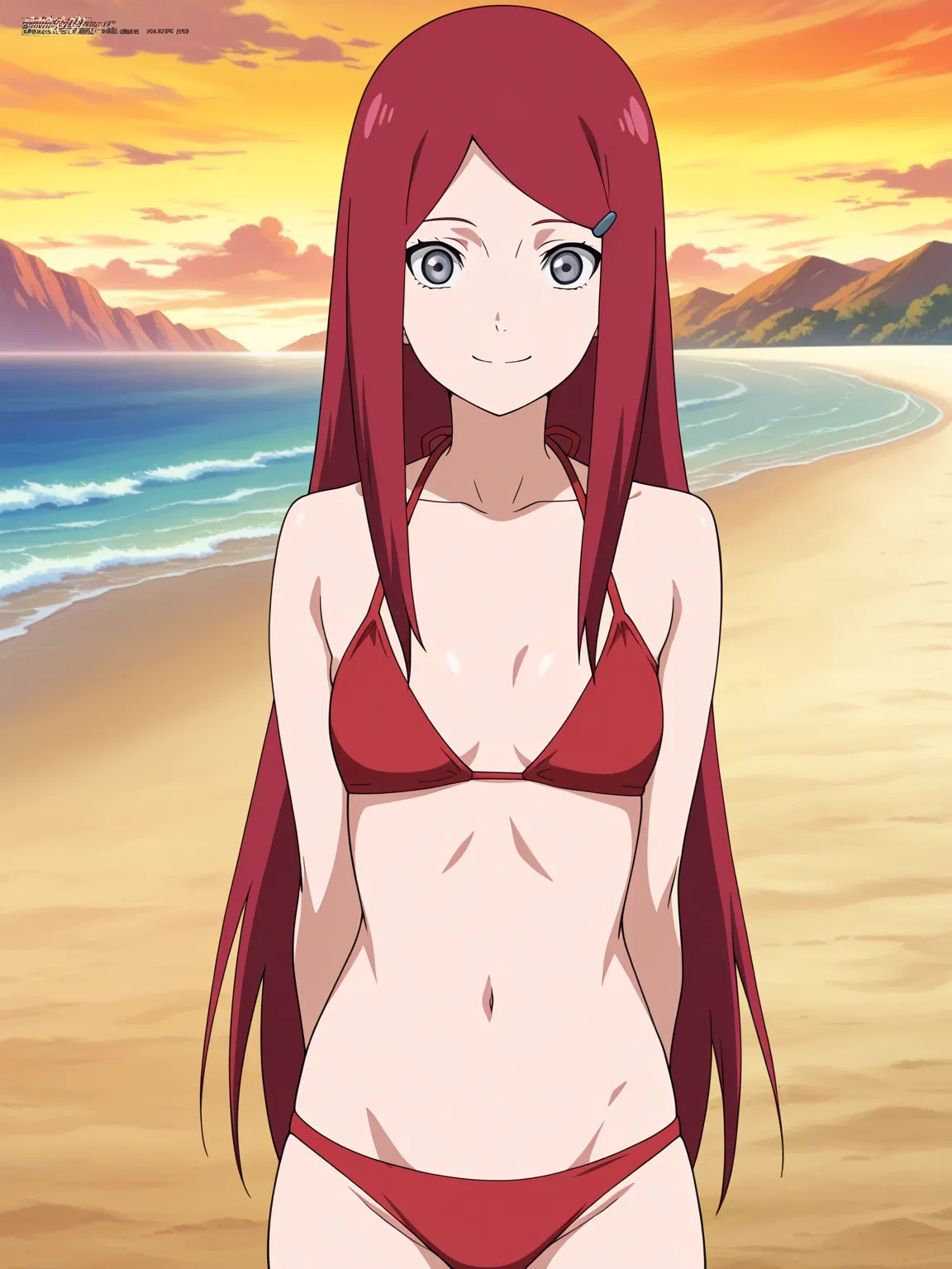 , masterpiece, best quality, incredible quality, anime screenshot, 1 , Alone, small breasted, Waist, Uzumaki_Kushina, gray eyes,  red hair, long straight hair, red bikini  , looking at the viewer,  smile,  mouth shut, front view, hands behind the back, bea...