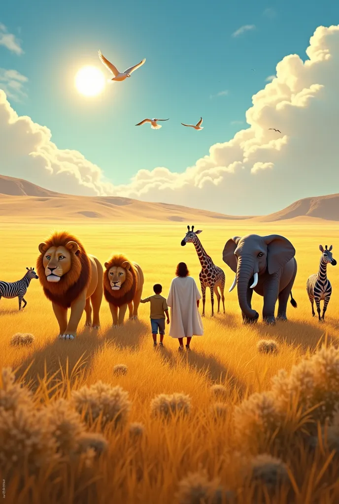 Scene 3: The Gathering of the Animals

Visual Prompt: A vibrant scene with a wide open plain, where pairs of animals gather towards the ark. Two lions—majestic with golden manes and sharp, regal expressions—march side by side through the tall grasses. Near...