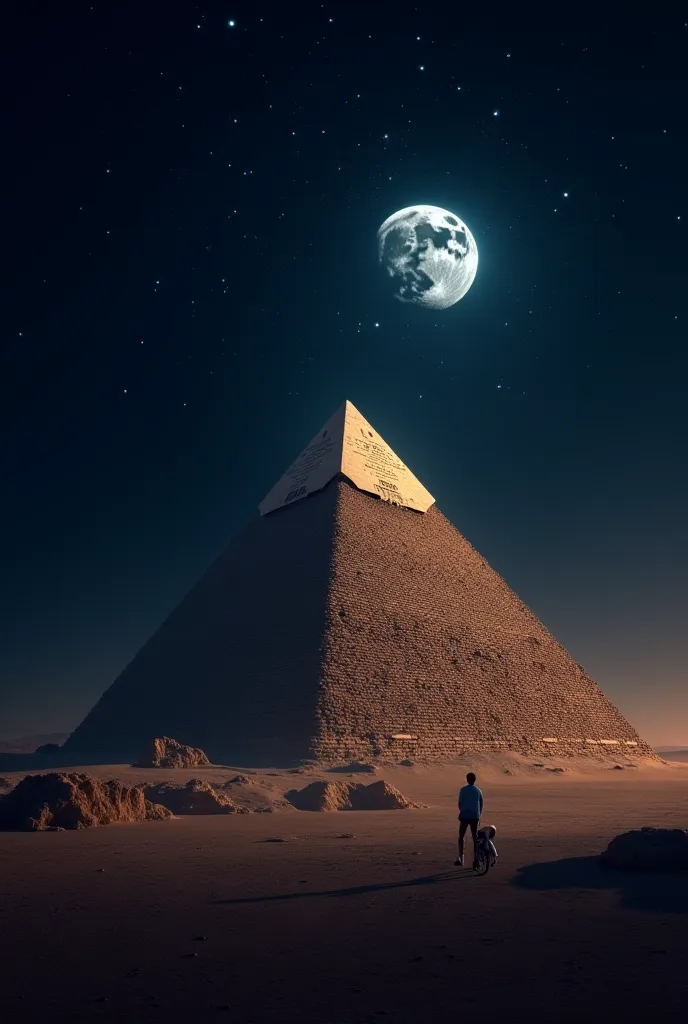 The Pyramid of Giza shining under the moonlight, along with the bright constellation Orion in the sky.