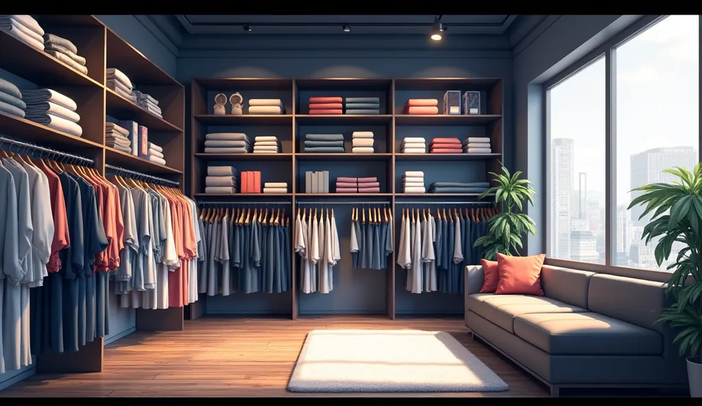 big clothing store with lots of shelves of clothes, window, black shelves, anime style image, 2d