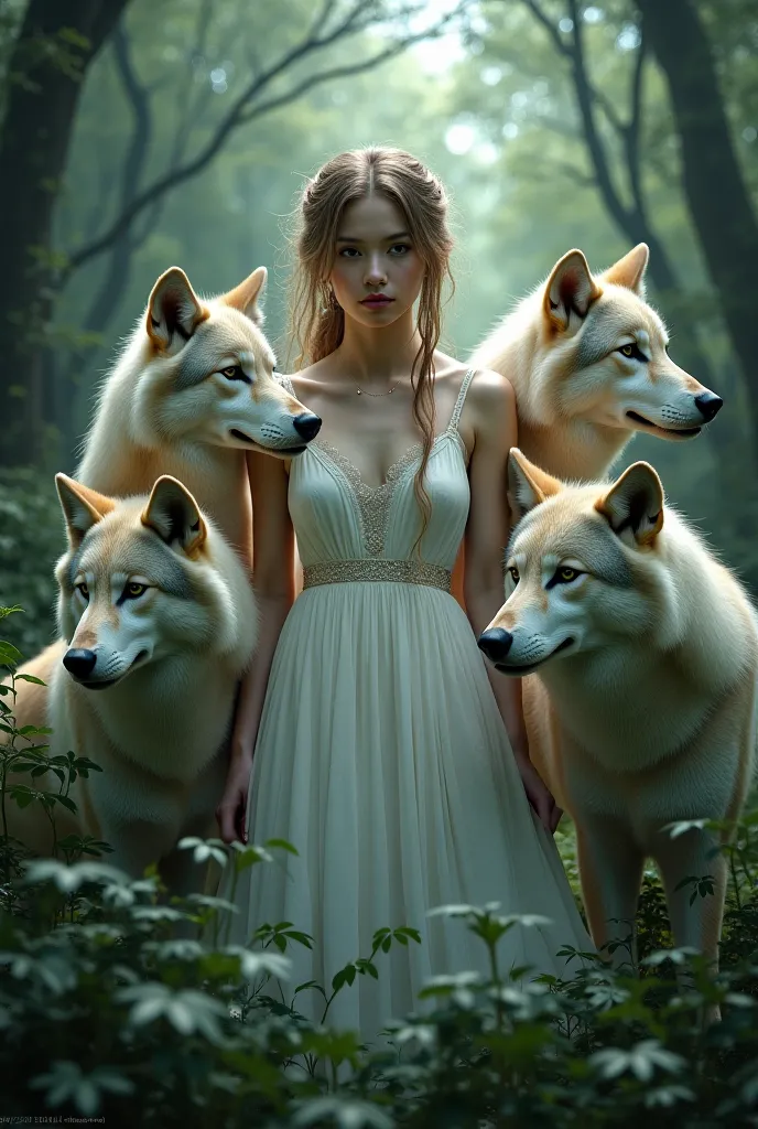 A ultra natural girl surrounded by 5 wild wolf