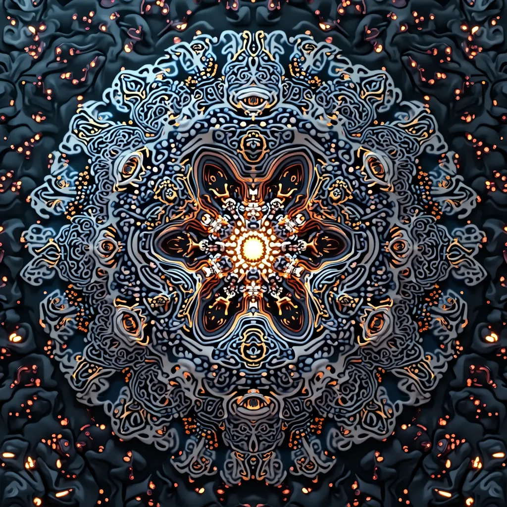 A fractal pattern in which cybernetics and ethnic Maori motifs are mixed