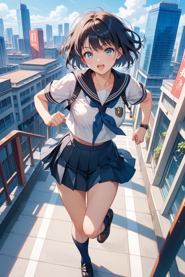  black sailor suit that grabs the thigh, gray pleated skirt ,black loafers,navy blue high socks,dark haired short bob,Athletic build,Beautiful Girl,Japanese cityscape, is running on the right hand,男の子も一緒に is running on the right hand