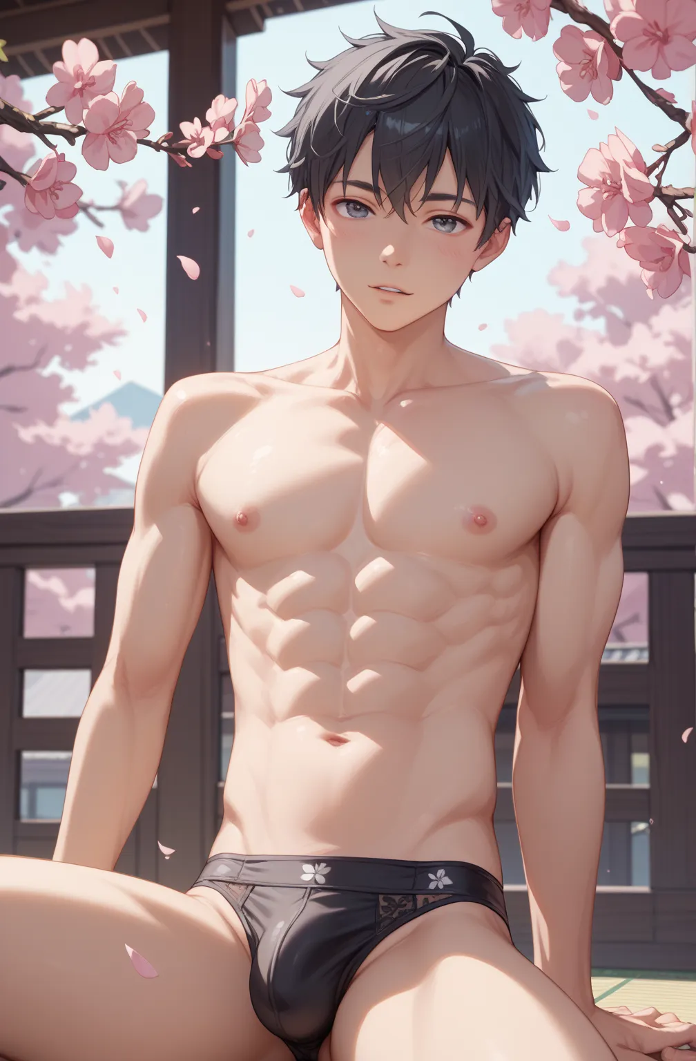 1 male、 pretty boy、18 years old、Japanese man、 black hair、 black underwear、Short Hair、crotch bulge、naked、Baby Face、半naked,Skinny、 slim、Under the cherry blossoms