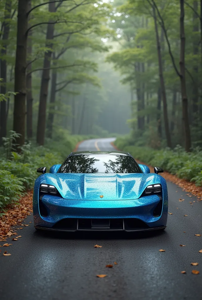 "Front Porsche 2025 3d car
Back bottom - fantasy blue chewing gum style."  on the forest road  