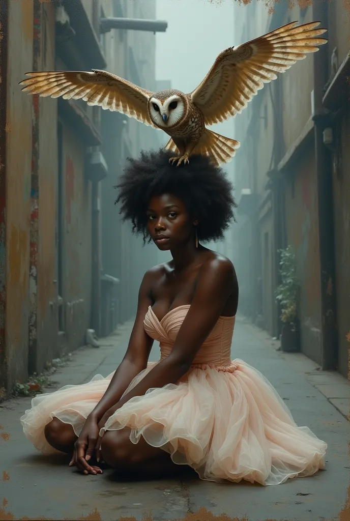 black woman sitting on the pavement in a ballerina dress with an owl passing over her knees, thoughtful and sad Oil paint sürealist 