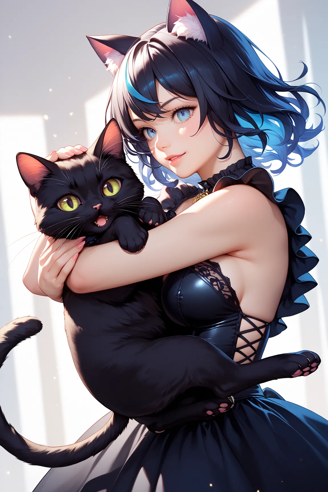 (masterpiece, best quality, highly detailed, anime style), 1girl, black cat girl, (strong emphasis on holding the cat, tightly holding cat, firmly holding cat:1.2), large fluffy black cat, hugging black cat, black cat tail, black fluffy furred cat ears, on...