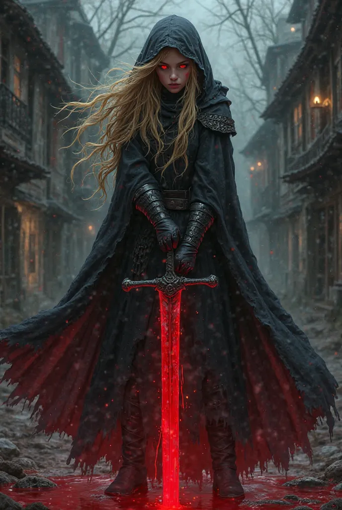 In a dark village, a warrior girl with golden hair and bloody-red eyes, a hood and a cloak, takes an aggressive posture and holds a liquid sword of liquid blood