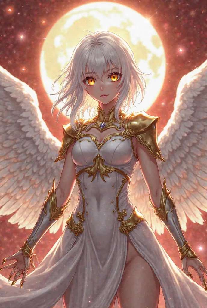 anime art of a hybrid woman between a white bird and a human with golden eyes, angelic wings, divine clothes, cold gaze with the moon in the background in a red sky, she wears shiny golden claws and angelic armor