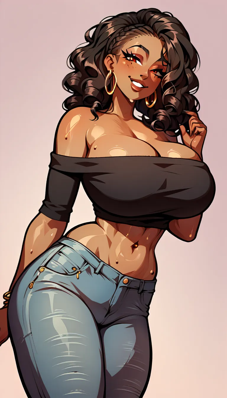 1 girl, long black curly hair, dark skin tone, solo, curvy, thick thighs, very huge breasts, seductive smile, sultry eyes, golden hoop earrings, off the shoulder loose black crop top sweater, high wasited jeans, styled hair, dutch angle, sweating 