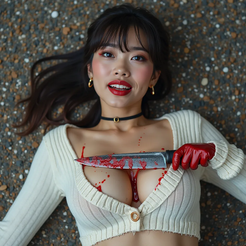 Gorgeous asian woman, with ponytail & short bangs, hoop earrings, choker, huge oversized breasts that have large red liquid circle tips with tiny crop top white ribbed knit button down sweater that's been completely unbuttoned & ripped open. She is lying o...