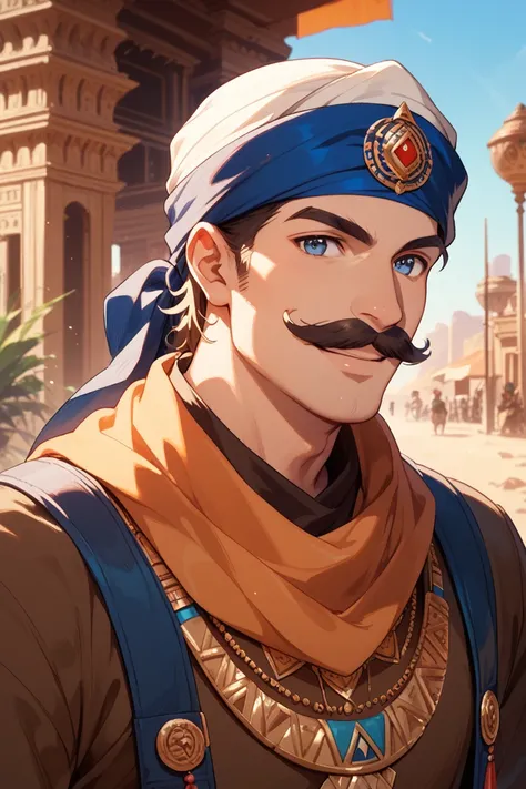 ((High Quality,Alone, male, turban,moustache)) Gold,Hyokin tribe,smile,Desert Streetscapes ,