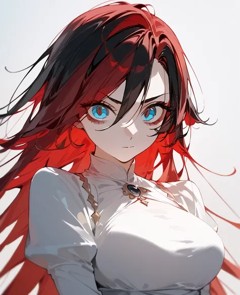 1 person,girl, Golden-haired, black hair, multi colour hair,red hair,Tomboy, long hair, in blue eyes,with big breasts,cute look, long white dress,Long Sleeve Dress ,Big set, ghoul eyes,Sharp eyes,Fierce face,upper body shape,Sharp eyes,