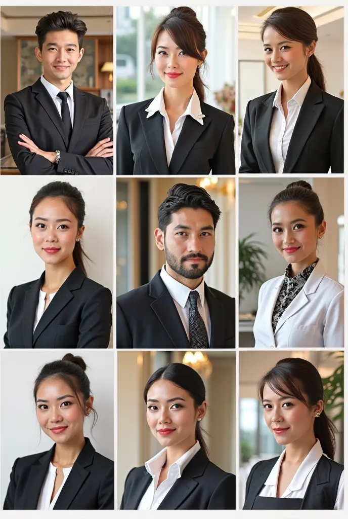 Make a collage photo in each different sectors of the hospitality and tourism industry. Front Desk, Flight Attendants, Ground Crew, Cruise Directors, Dining Staff, Servers, and Bartenders. Make a collage for these make their Apperance professionals and for...