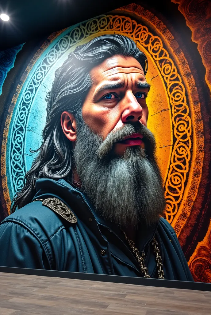 An expansive wall showcases a stunning 3D graffiti artwork by Carla Cohen, featuring a bearded mountain man intricately rendered with unparalleled detail. Surrounding him are Neo-classical Celtic knot patterns and Baroque gothic elements that intertwine, c...