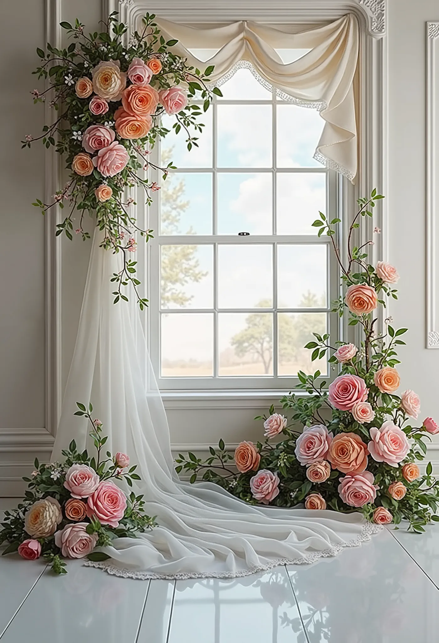 there is a room with a window and a bunch of flowers, a photorealistic painting inspired by Cecil Beaton, trending on cg society, romanticism, nature and floral aesthetics, floral environment, dreamy and ethereal, dreamy atmosphere and drama, dreamy and de...