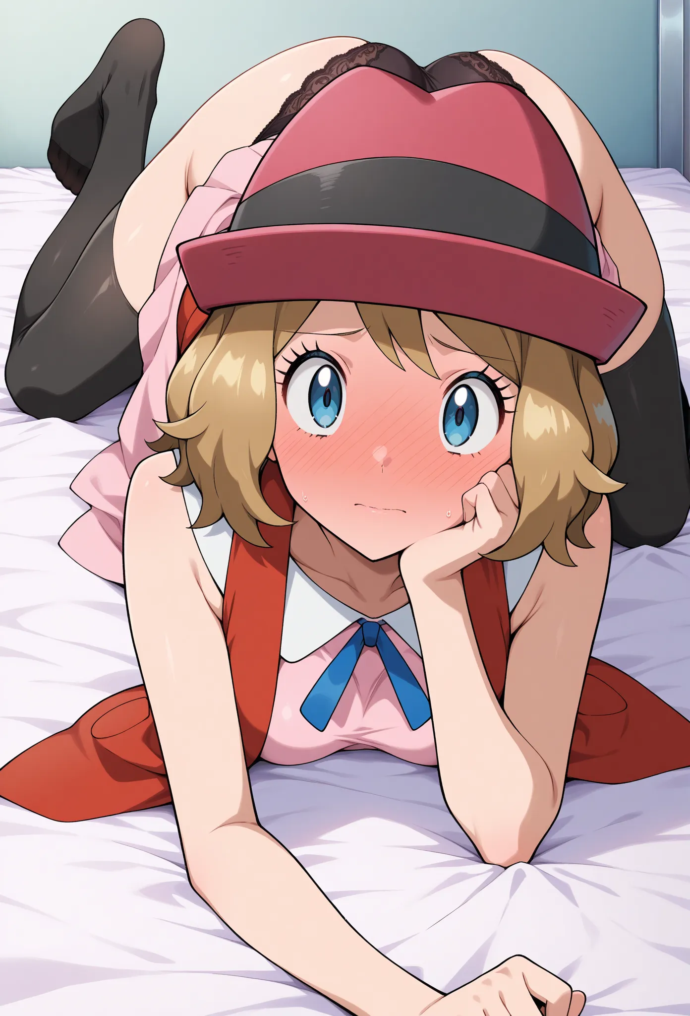 high resolution picture, masterpiece, best quality, amazing quality, solo, 1girl,  serena from pokemon, 1girl, serena \(pokemon\), 1girl, blue eyes, eyelashes, short hair, blonde hair, small breasts,  anime screencap,      hat, neck ribbon, blue ribbon, pi...