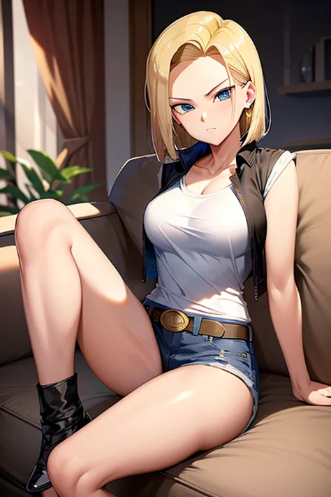 is tall　and18,   Android 18,  blonde hair, blue eyes, mini t shirt　black mini jacket　denim shorts　I'm sitting with my legs open on the couch 　　Feels good　　 cheating 　