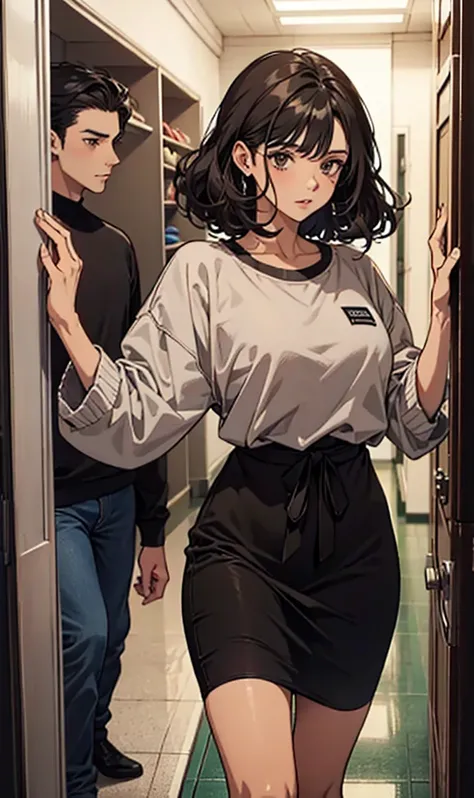 Manhwa characters. A white man with gray brown eyes and medium large black hair, dressed in gray sweatshirt and jeans. A woman with light tan skin and big curly black hair and black eyes, dressed in short black strap dress. They are in a school hallway wit...