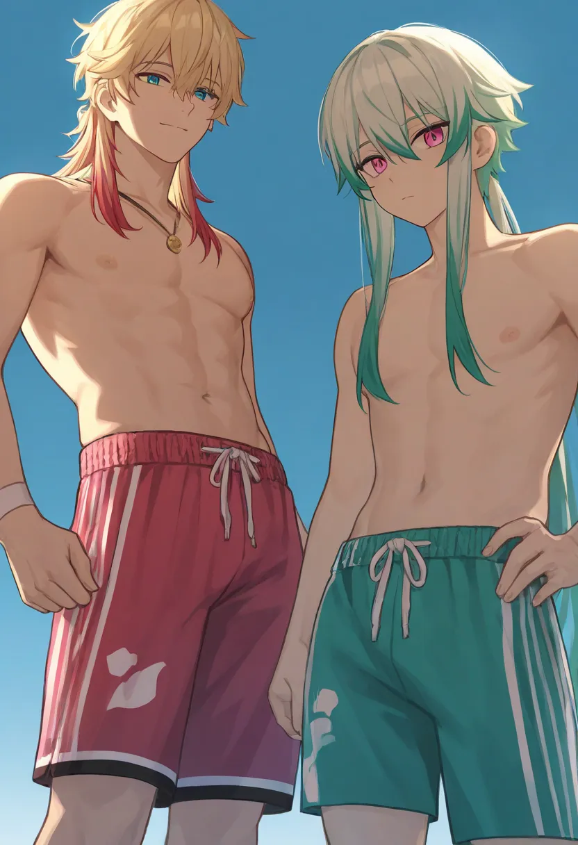 An anime picture shows a handsome, tall age boy with blonde, blue, green and white hair. He has a slim body that reflects his fitness, thin hands, his locks cover one of his eyes. The color of his right eye is pink and the left is blue. He wears short boxi...