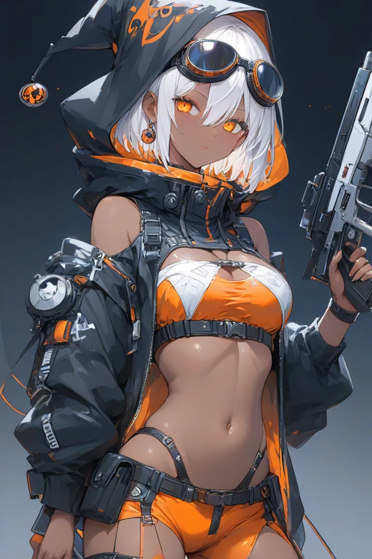 an anime character with guns on her chest posing for a photo in orange and white colored attire, 1girl, weapon, solo, gun, holding, holding weapon, navel, dark skin, holding gun, goggles, white hair, short hair, jewelry, earrings, shoulder cutout, dark-ski...